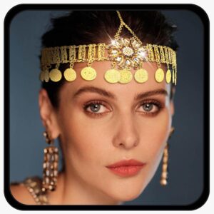 Woeoe Crystals Head Chain Jewelry Gold Retro Headpiece Coin Boho Vintage Belly Dance Prom Costume Hair Chains Accessories for Women