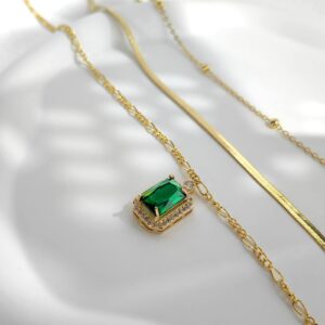 HAXIYA Gold Layered Necklace for Women 14k Gold Plated Emerald Pendant Necklaces for Women Dianmond Necklace Set, Jewelry Gifts