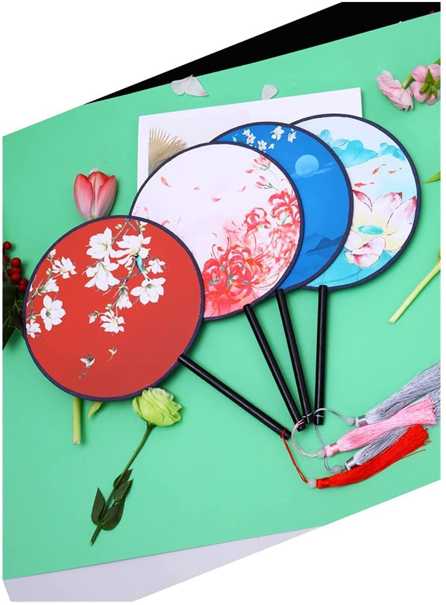 Folding Hand Fan Folding Fan Handheld Folded Fan Double-Sided Circular Fan Chinese Ancient Style Long Handle Tassel Han Chinese Clothing Cheongsam Foldable Fan Hand Held Fans