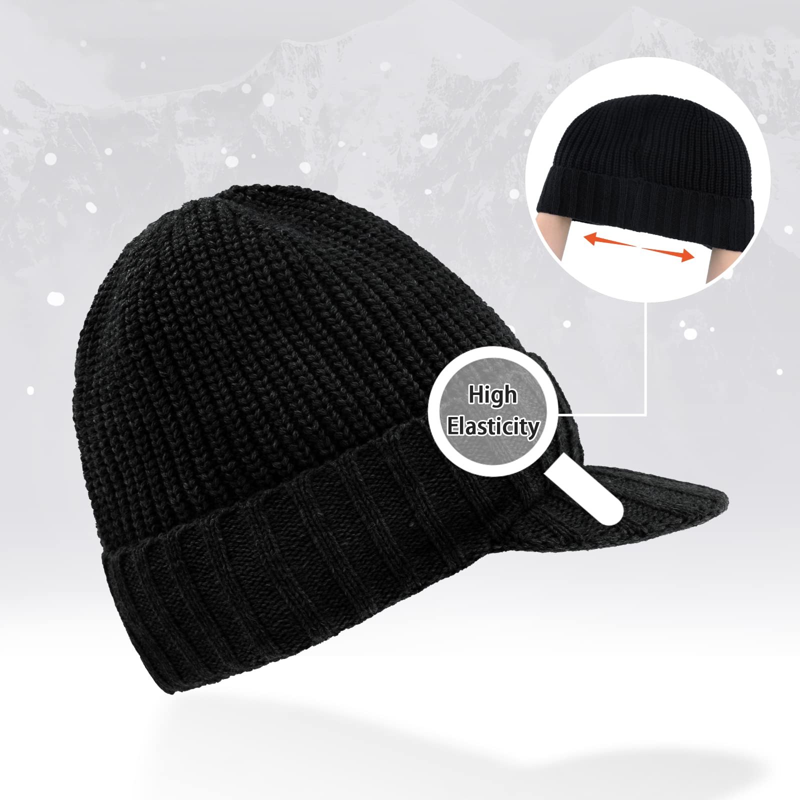 POXIMI Men Knit Hat Women Winter Beanies Warm Newsboy Hats with Brim Thick Cap Fleece Lined (Black)