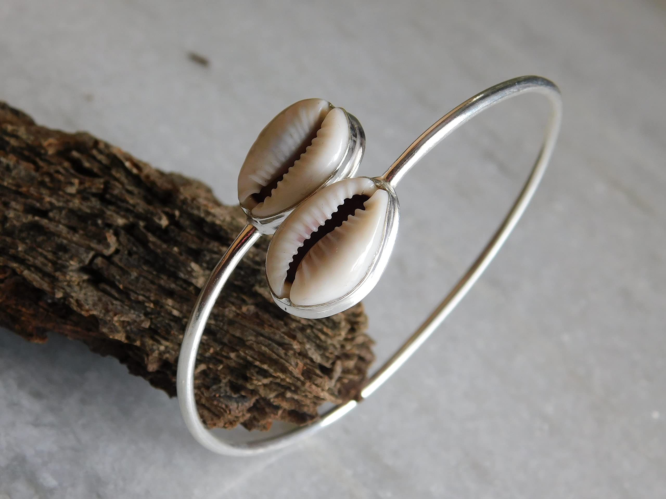 KAPISH INTERNATIONALS Handcrafted Sterling Silver Bangle with Money Cowrie Shell Accent - Adjustable Natural Shell Bracelet for Elegant Jewelry Statement - 2 To 2.5 Inch Adjustable