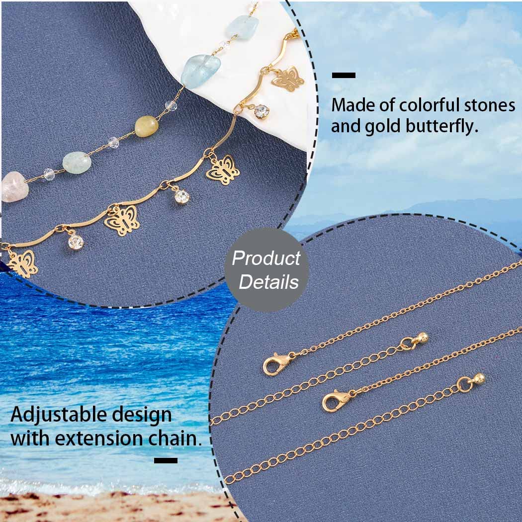 Urieo Boho Rhinestone Beads Waist Chain Bead Butterfly Gold Crystal Belly Chains Beaded Layered Adjustable Bikini Beach Body Jewelry Accessories for Women(Pack of 2)