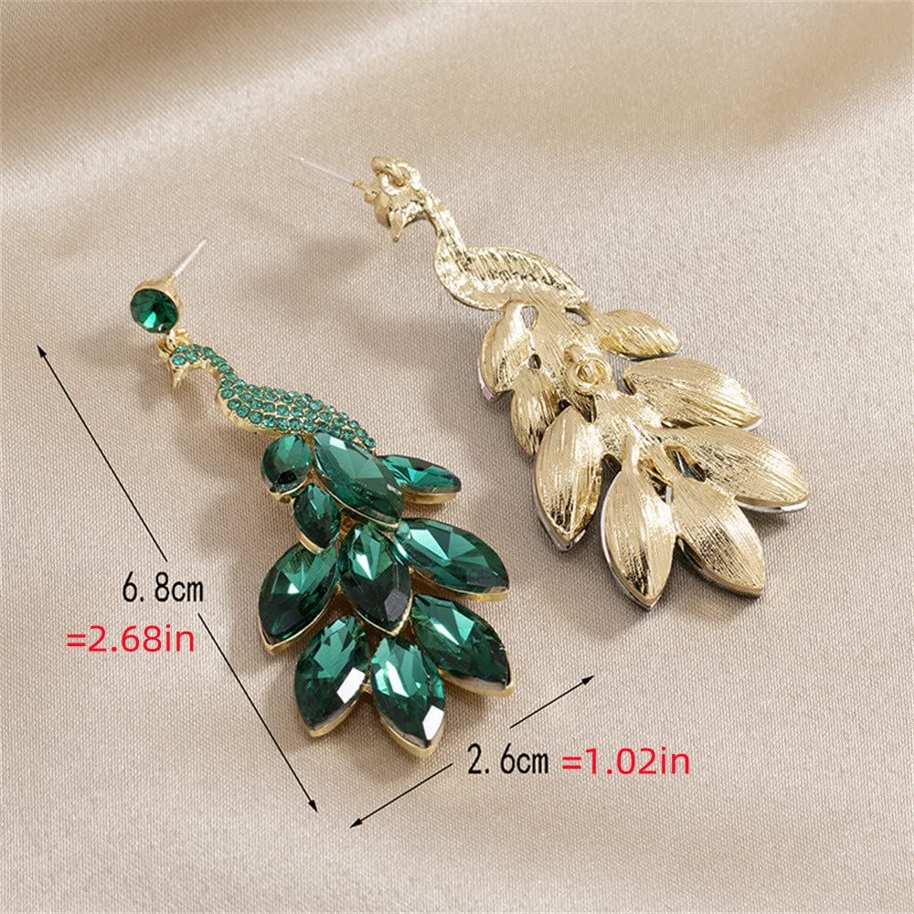 Vintage Peacock Dangle Earrings for Women Girls 14K Gold Plated Green Crystal Feather Peafowl Statement Drop Dangling Stud Earring Boho Exaggerated Birthday Holiday Jewelry Gifts (Green)