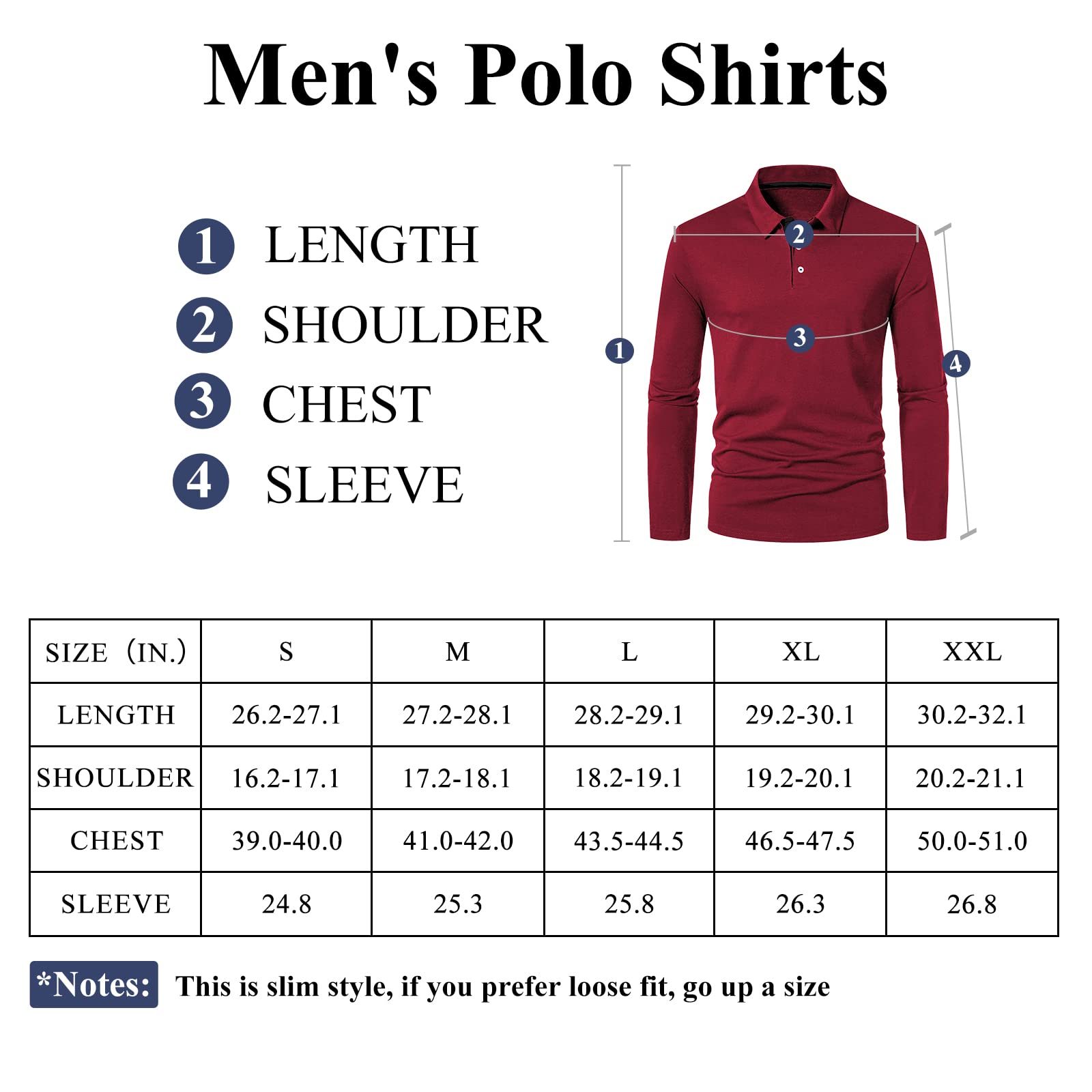 A WATERWANG Men's Long Sleeve Polo Shirts, Slim-fit Cotton Golf Polo Shirts Basic Designed Wine Red