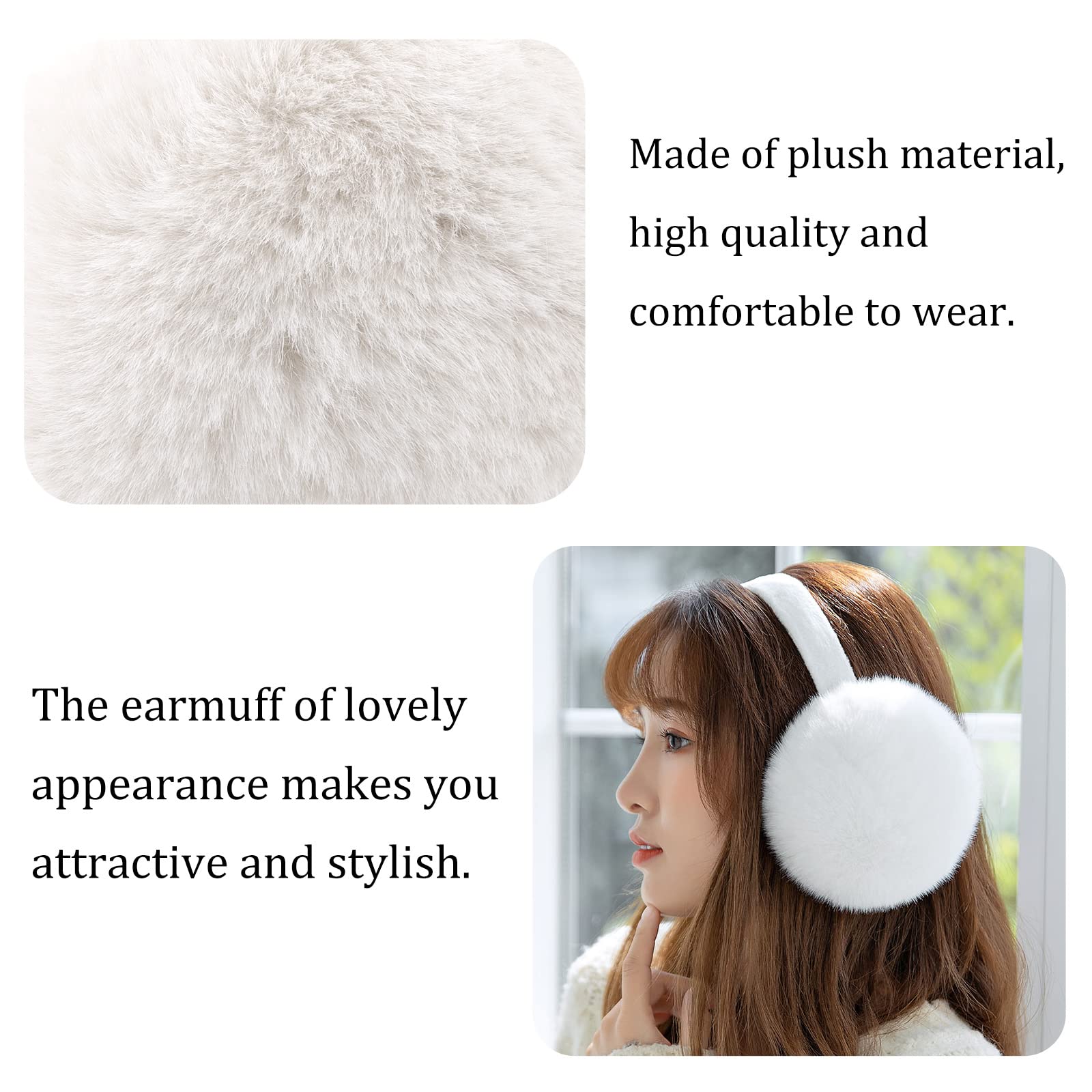 Yuoahcn Women Girls Ear Muffs Fashion Warm Plush Earmuffs Winter Foldable Ear Warmer Windproof Adjustable Earmuff (Milk White)