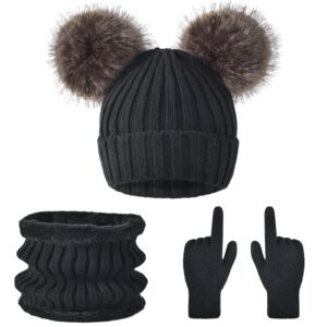 Women Beanie Hat Scarf Gloves Set Winter Warm Soft Thick Fleece Lining Knit Skull Cap with Cute Double Fur Pom Pom Black Touchscreen Ladies Cold Weather Snow Accessories Crochet