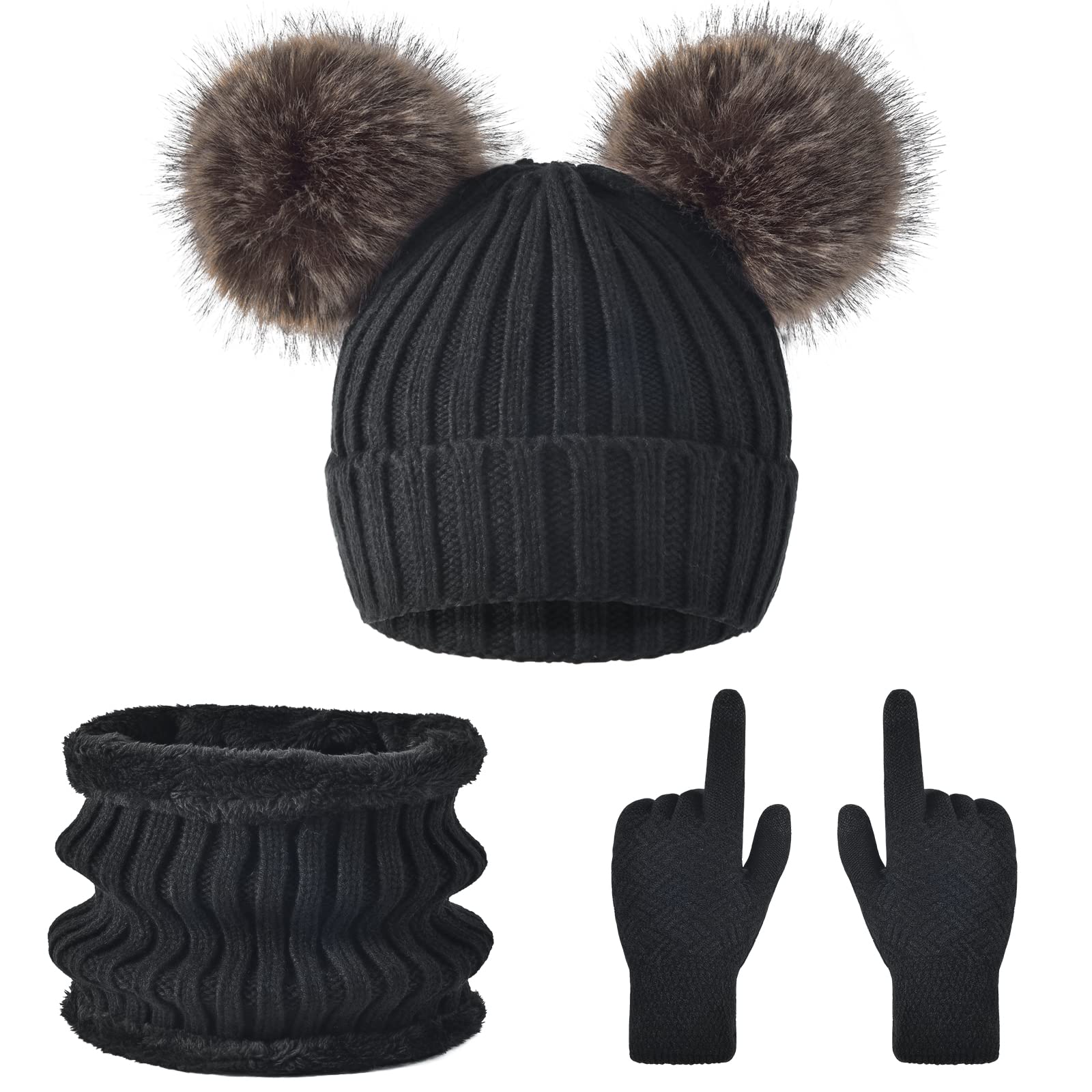 Women Beanie Hat Scarf Gloves Set Winter Warm Soft Thick Fleece Lining Knit Skull Cap with Cute Double Fur Pom Pom Black Touchscreen Ladies Cold Weather Snow Accessories Crochet