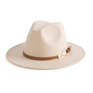 EOGIMI Fashion Women Wide Brim Fedora Floppy Panama Hat with Belt Buckle Beige