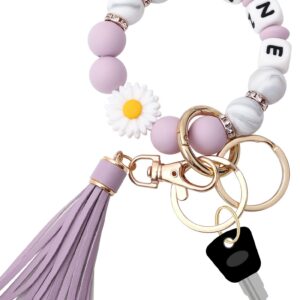 Munchewy Personalized Silicone Bead Keychain Bracelet Wristlet, House Car Keys Ring Holder Tassel Daisy Flower(Lilac/Marble)