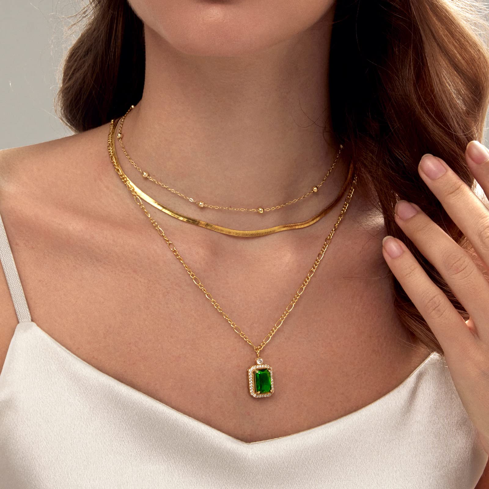 HAXIYA Gold Layered Necklace for Women 14k Gold Plated Emerald Pendant Necklaces for Women Dianmond Necklace Set, Jewelry Gifts