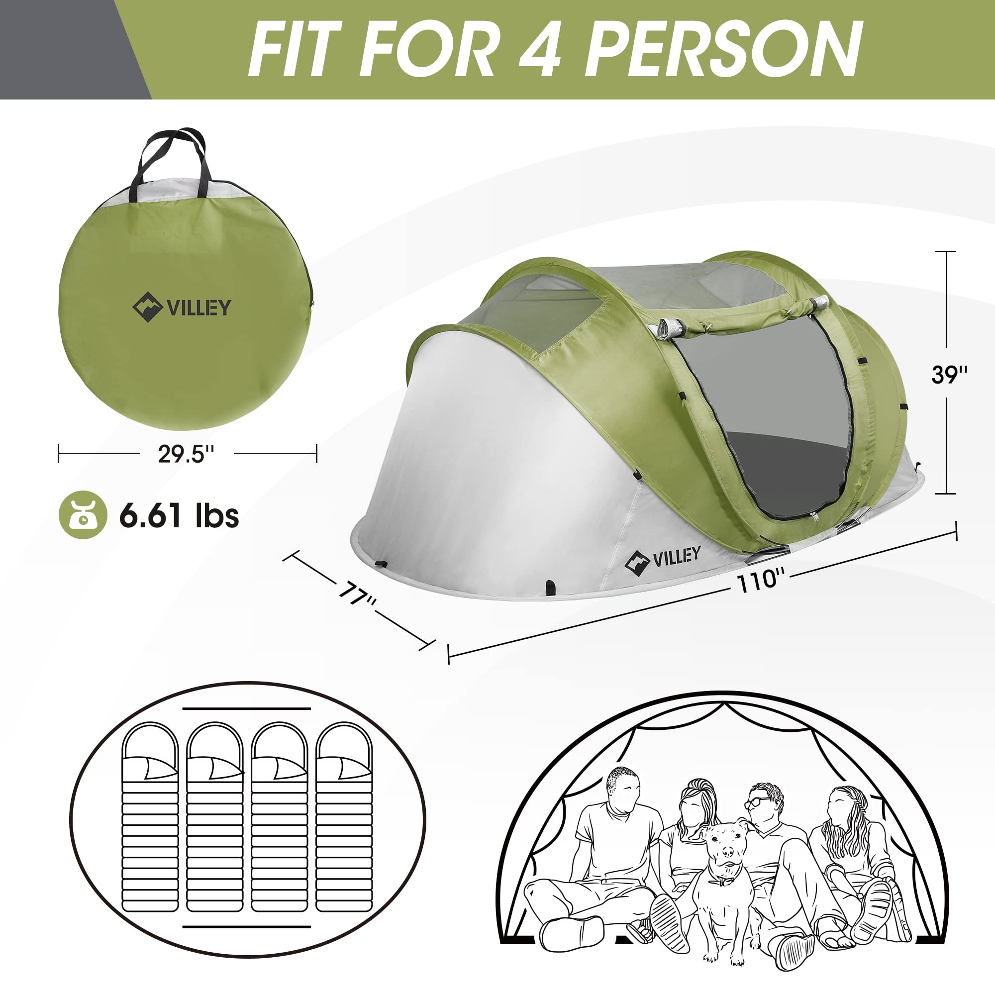 VILLEY 4-Person Easy Pop Up Tent, Waterproof Automatic Setup Instant Lightweight Camping Beach Tent with Carrying Bag for Camping, Hiking & Traveling - Green