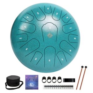 rain drum for outside garden,steel tongue drum 12 inches 15 notes musical instruments, handpan drum percussion instrument, with soft bag, music book, 2 mallets, for meditation or yoga (green)