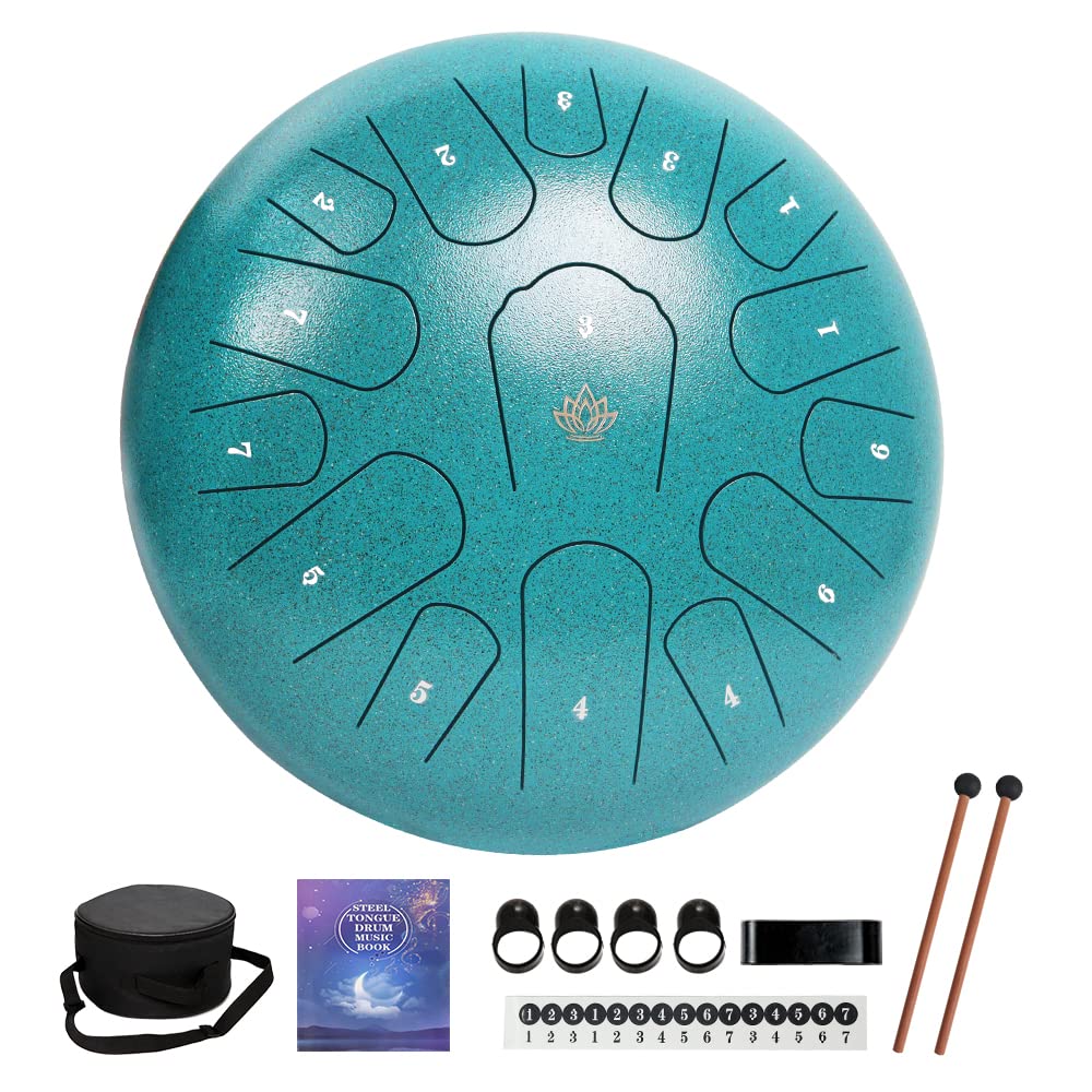 Rain Drum for Outside Garden,Steel Tongue Drum 12 Inches 15 Notes Musical Instruments, Handpan Drum Percussion Instrument, with Soft Bag, Music Book, 2 Mallets, for Meditation or Yoga (Green)