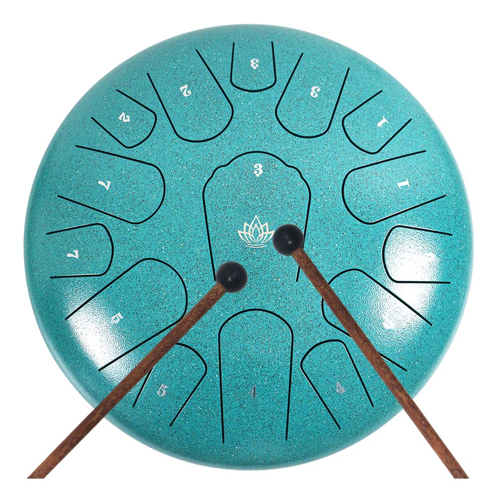 Rain Drum for Outside Garden,Steel Tongue Drum 12 Inches 15 Notes Musical Instruments, Handpan Drum Percussion Instrument, with Soft Bag, Music Book, 2 Mallets, for Meditation or Yoga (Green)