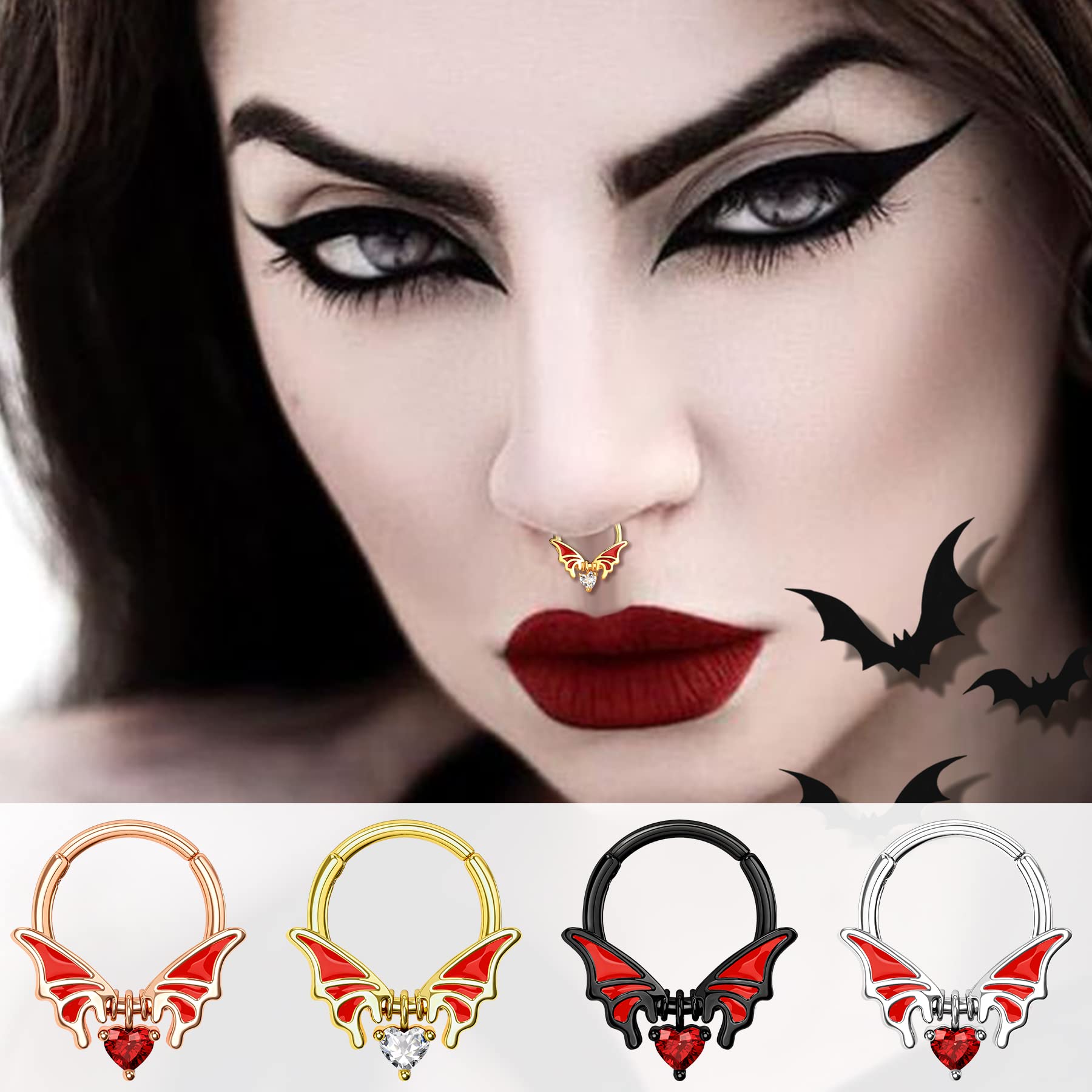 Melighting Septum Rings 16G Bat Septum Jewelry Halloween Clear CZ Surgical Steel 316L Black Dangle Daith Earrings Helix Earring Cartilage Tragus Piercing for Women Men