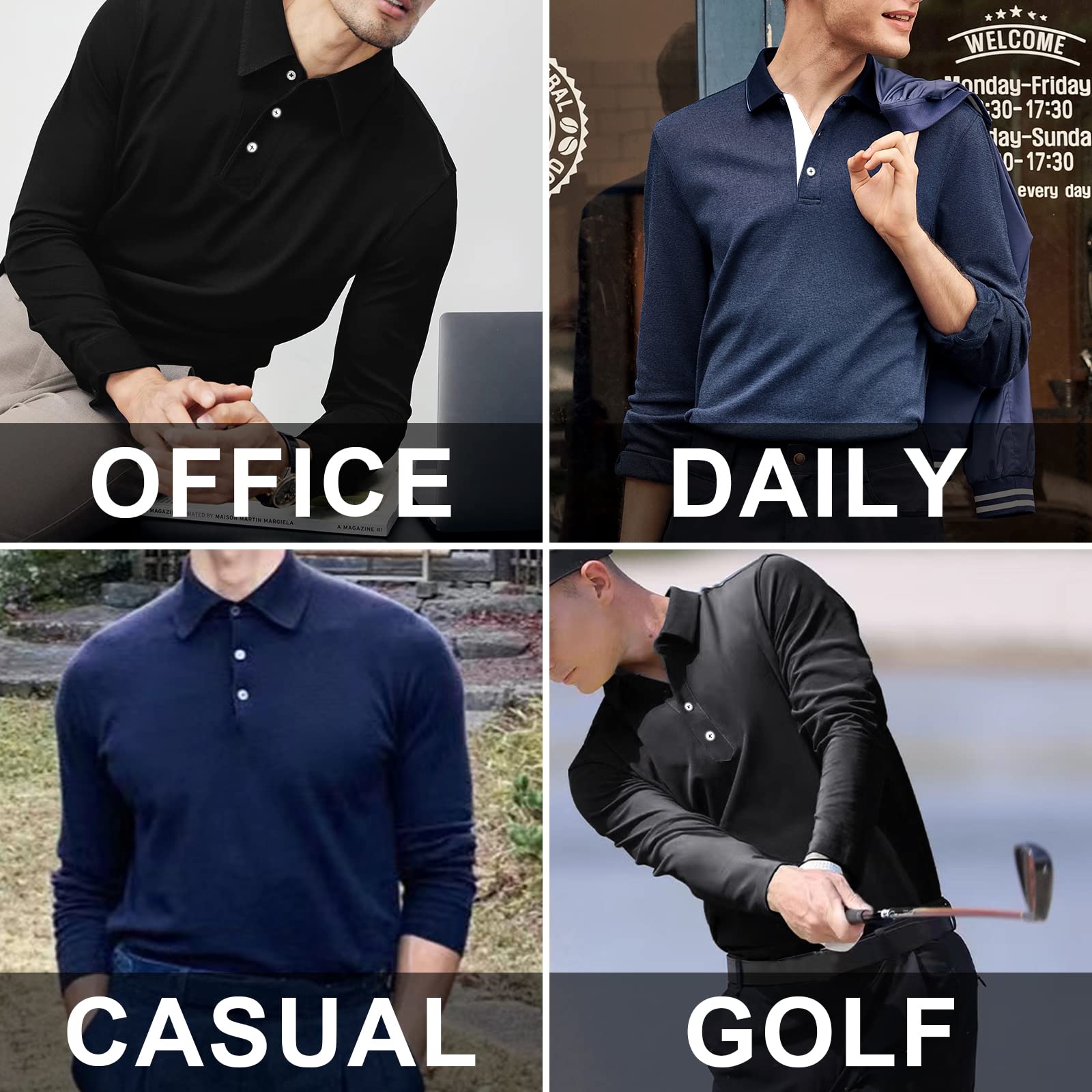 A WATERWANG Men's Long Sleeve Polo Shirts, Slim-fit Cotton Golf Polo Shirts Basic Designed Light Gray