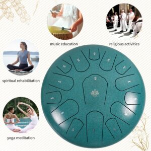 Rain Drum for Outside Garden,Steel Tongue Drum 12 Inches 15 Notes Musical Instruments, Handpan Drum Percussion Instrument, with Soft Bag, Music Book, 2 Mallets, for Meditation or Yoga (Green)