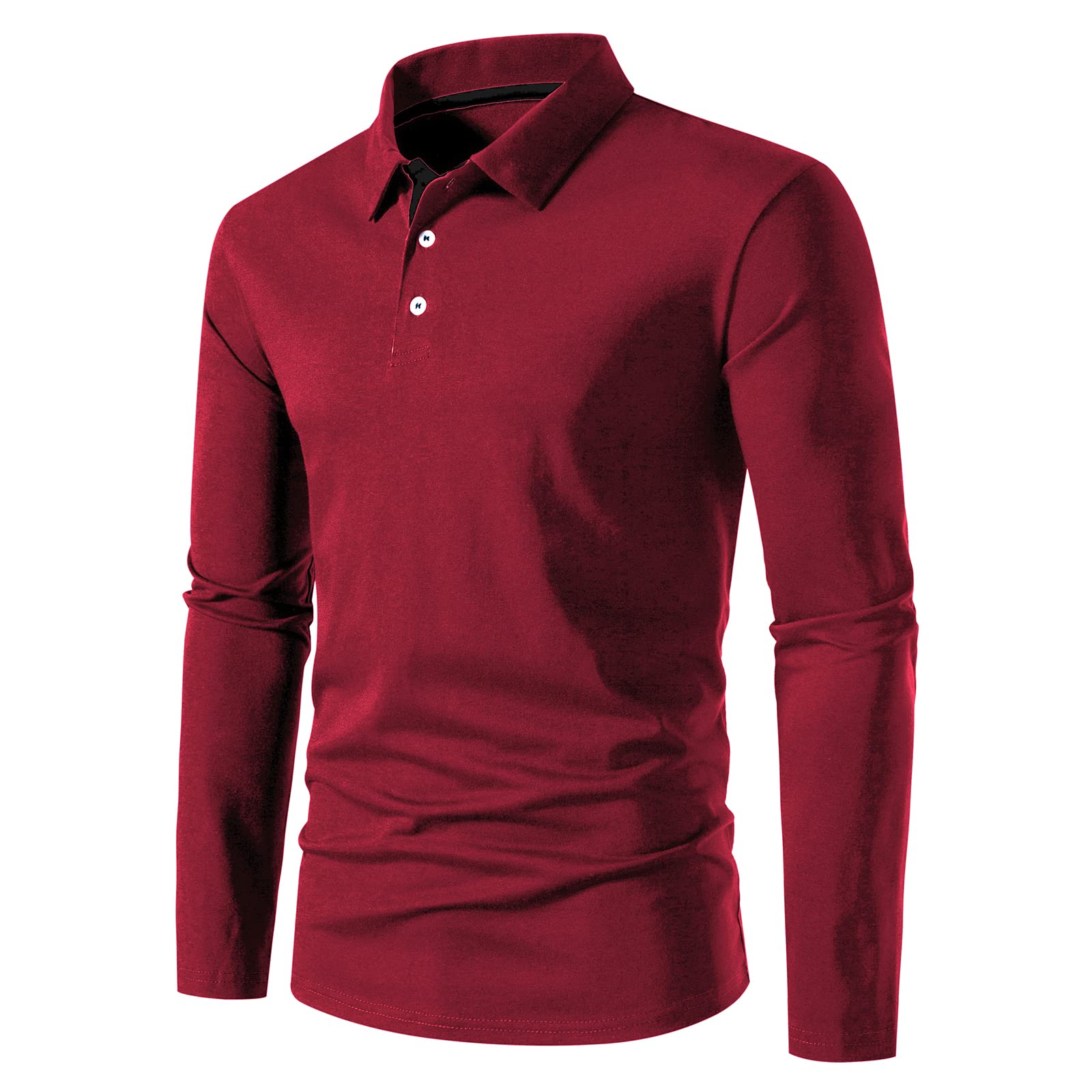 A WATERWANG Men's Long Sleeve Polo Shirts, Slim-fit Cotton Golf Polo Shirts Basic Designed Wine Red