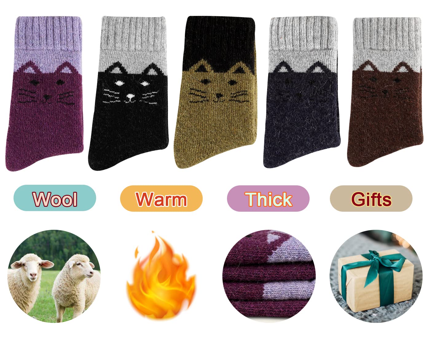 Heatuff Women's Winter Wool Socks Warm Soft Full Cushion Crew Socks (5 Pairs)