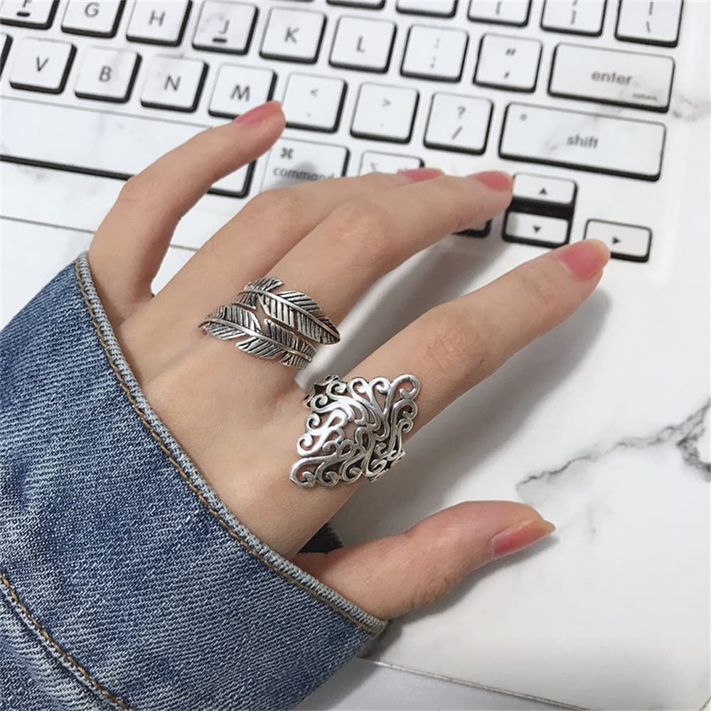 Dtja Filigree Vintage Statement Ring for Women Oxidized Boho Expandable Adjustable Totem Flower Leaves Open Wide Wrap Finger Rings Comfort Fit Bohemian Jewelry