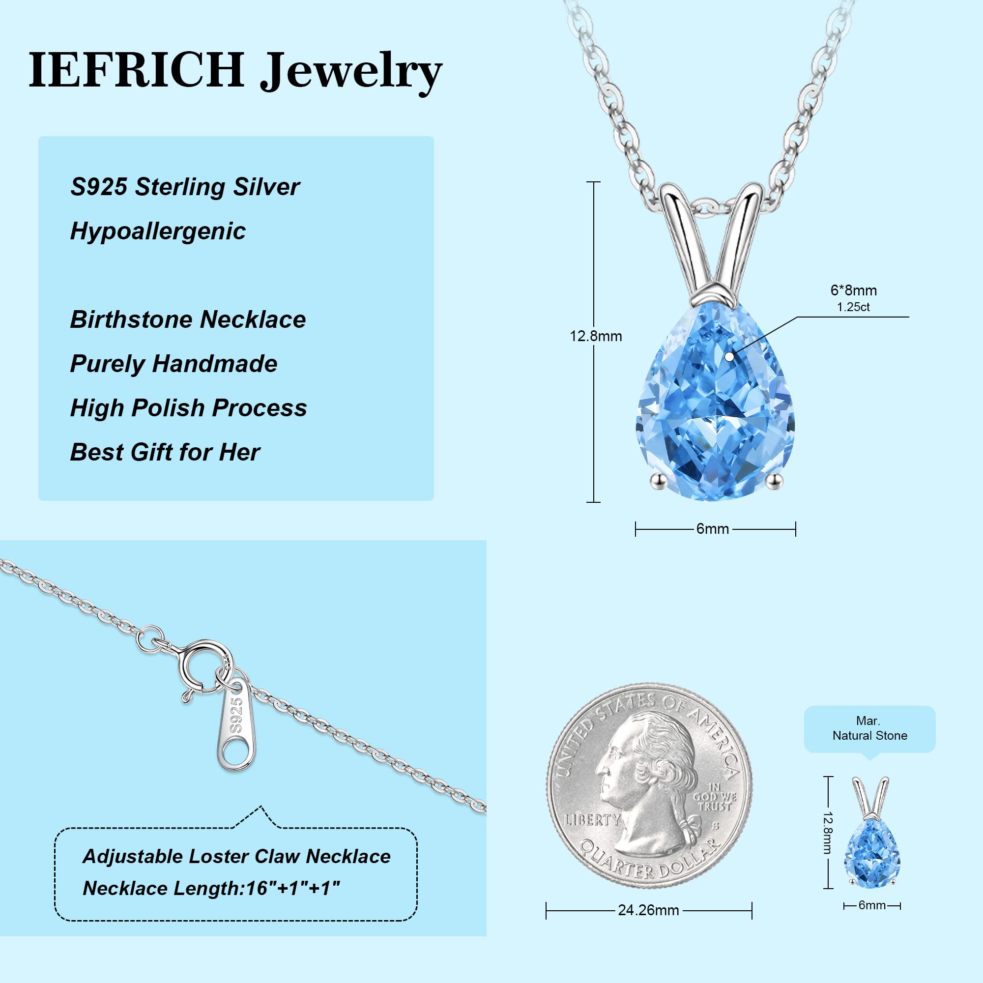 IEFRICH Sterling Silver Necklace for Women - Birthstone Necklace for Women Aquamarine Necklace Silver Necklaces for Teen Girls Birthstone Necklace Aquamarine Jewelry Silver Jewelry for Women Gifts