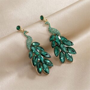 Vintage Peacock Dangle Earrings for Women Girls 14K Gold Plated Green Crystal Feather Peafowl Statement Drop Dangling Stud Earring Boho Exaggerated Birthday Holiday Jewelry Gifts (Green)