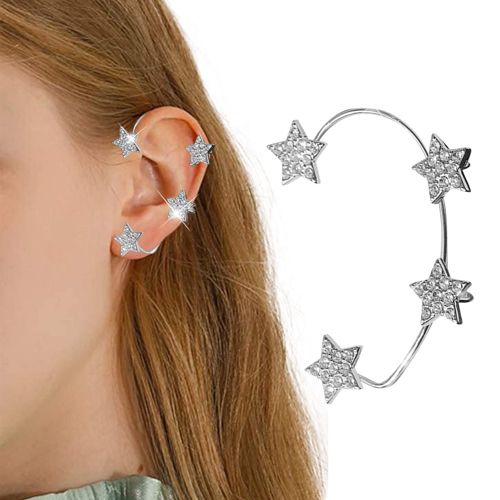 Neon Stud Earrings Star Shape Earrings Ear Clip for Women Girls No Piercing Zircon Star Ear Clips Rhinestone Earrings Cuff Wrap Earrings for Women Hoop Earrings for Women Pack (A, One Size)