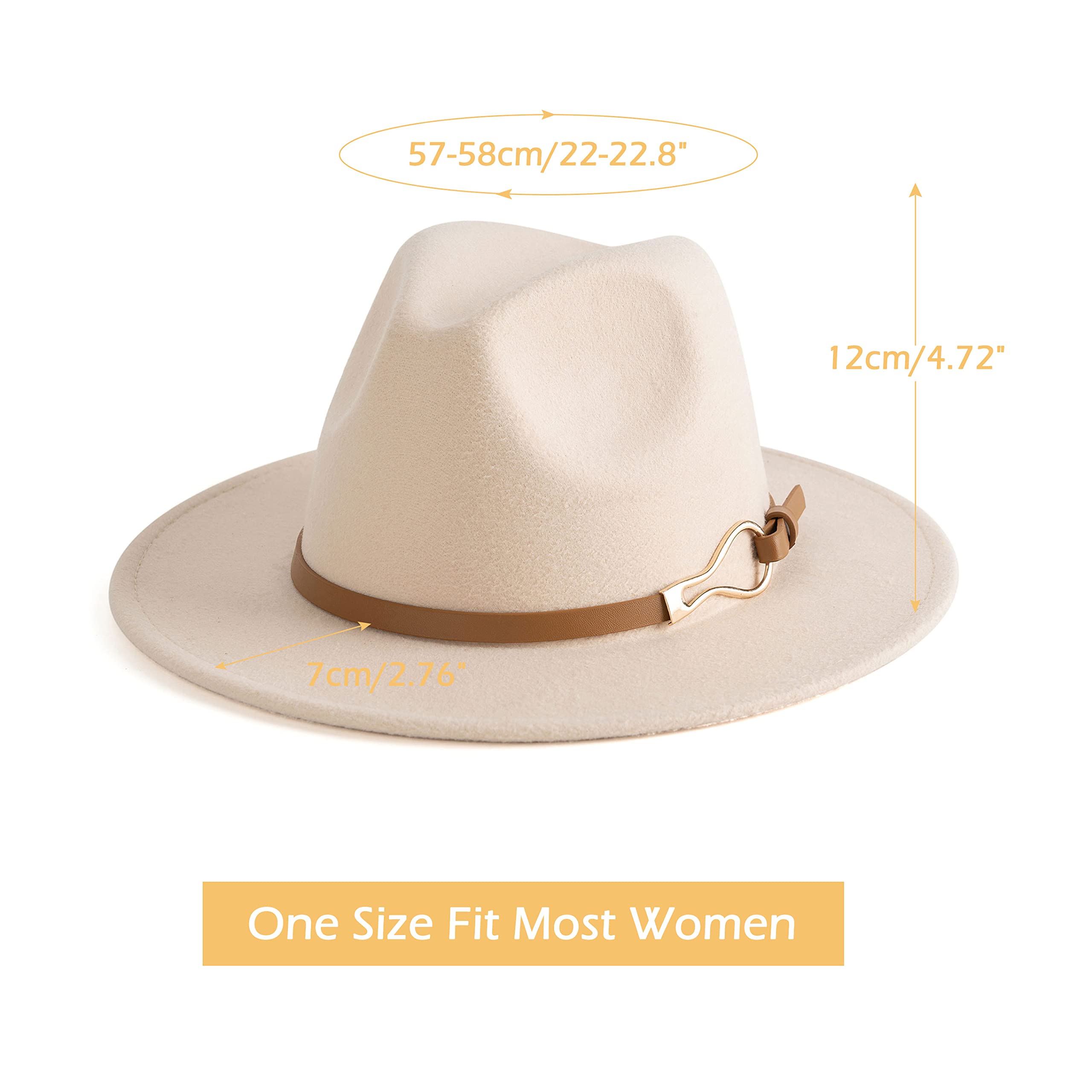 EOGIMI Fashion Women Wide Brim Fedora Floppy Panama Hat with Belt Buckle Beige