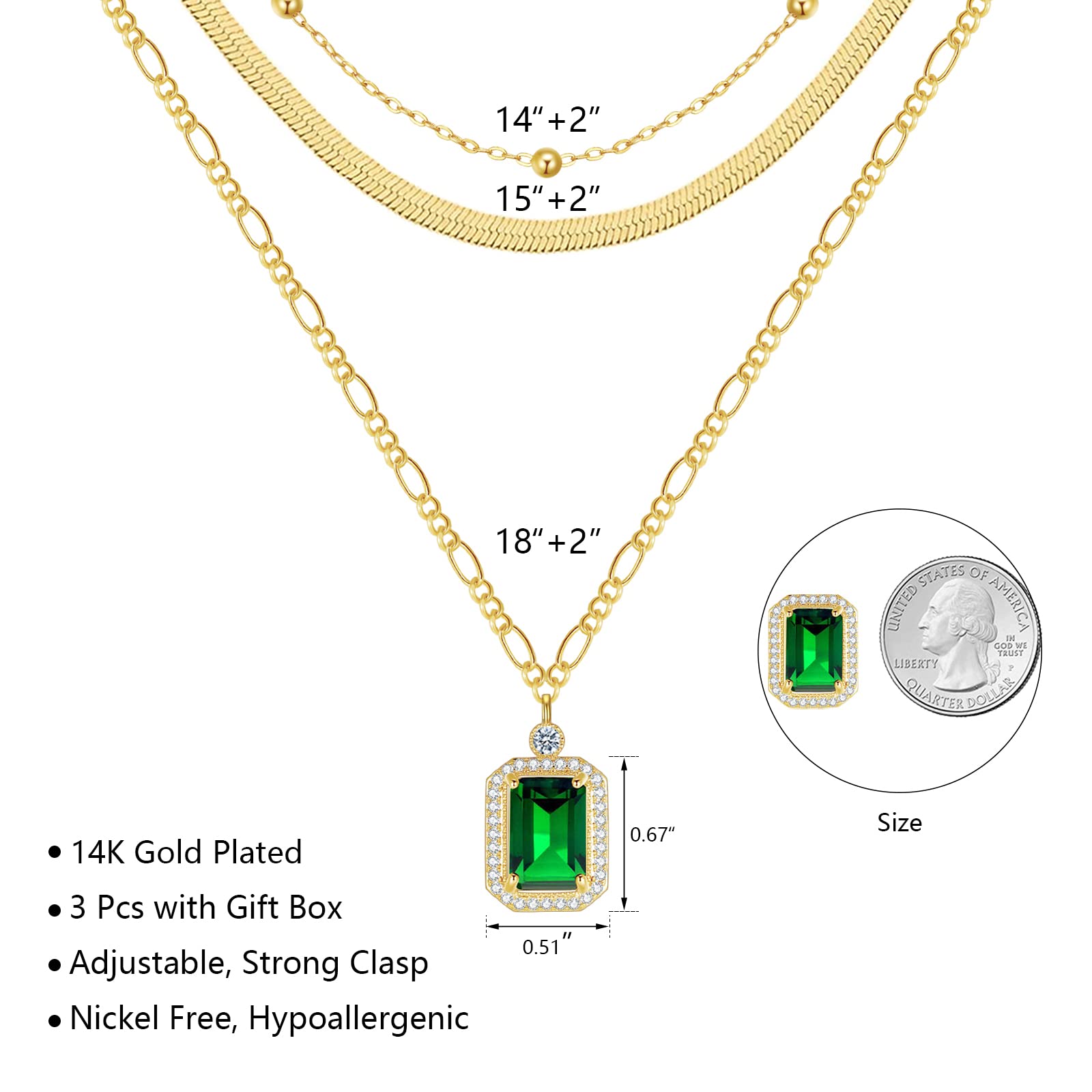 HAXIYA Gold Layered Necklace for Women 14k Gold Plated Emerald Pendant Necklaces for Women Dianmond Necklace Set, Jewelry Gifts