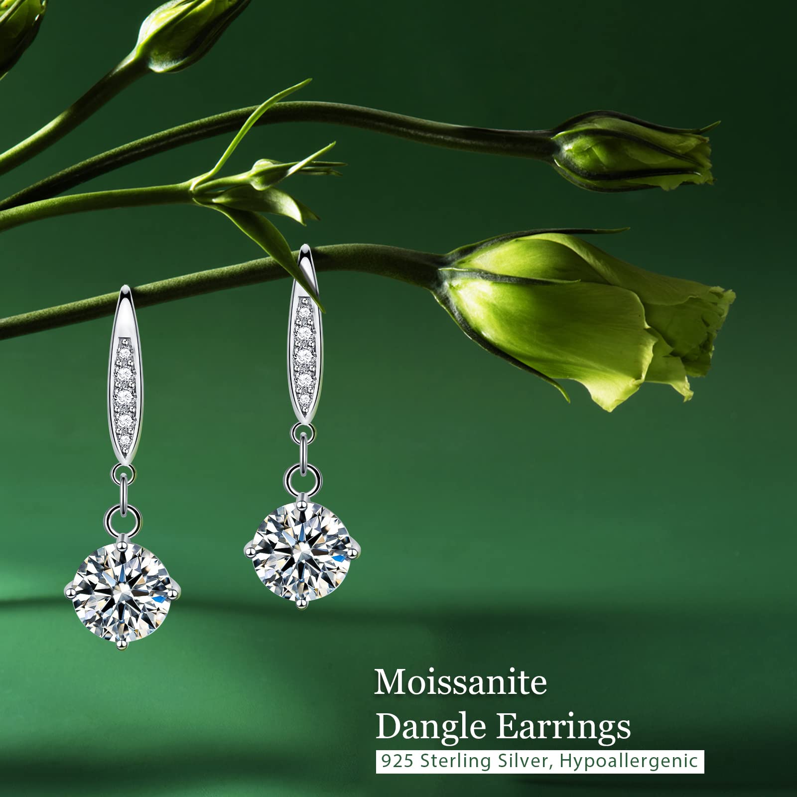 925 Sterling Silver Moissanite Earrings, 0.5ct-1ct Moissanite Halo Earrings for Women, Moissanite Drop Dangle Hoop Earrings, Round Cut Brilliant D Color VVS1 Clarity Moissanite Stud Earrings for Women Girls (style 2)