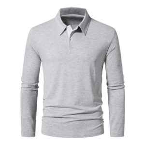 A WATERWANG Men's Long Sleeve Polo Shirts, Slim-fit Cotton Golf Polo Shirts Basic Designed Light Gray