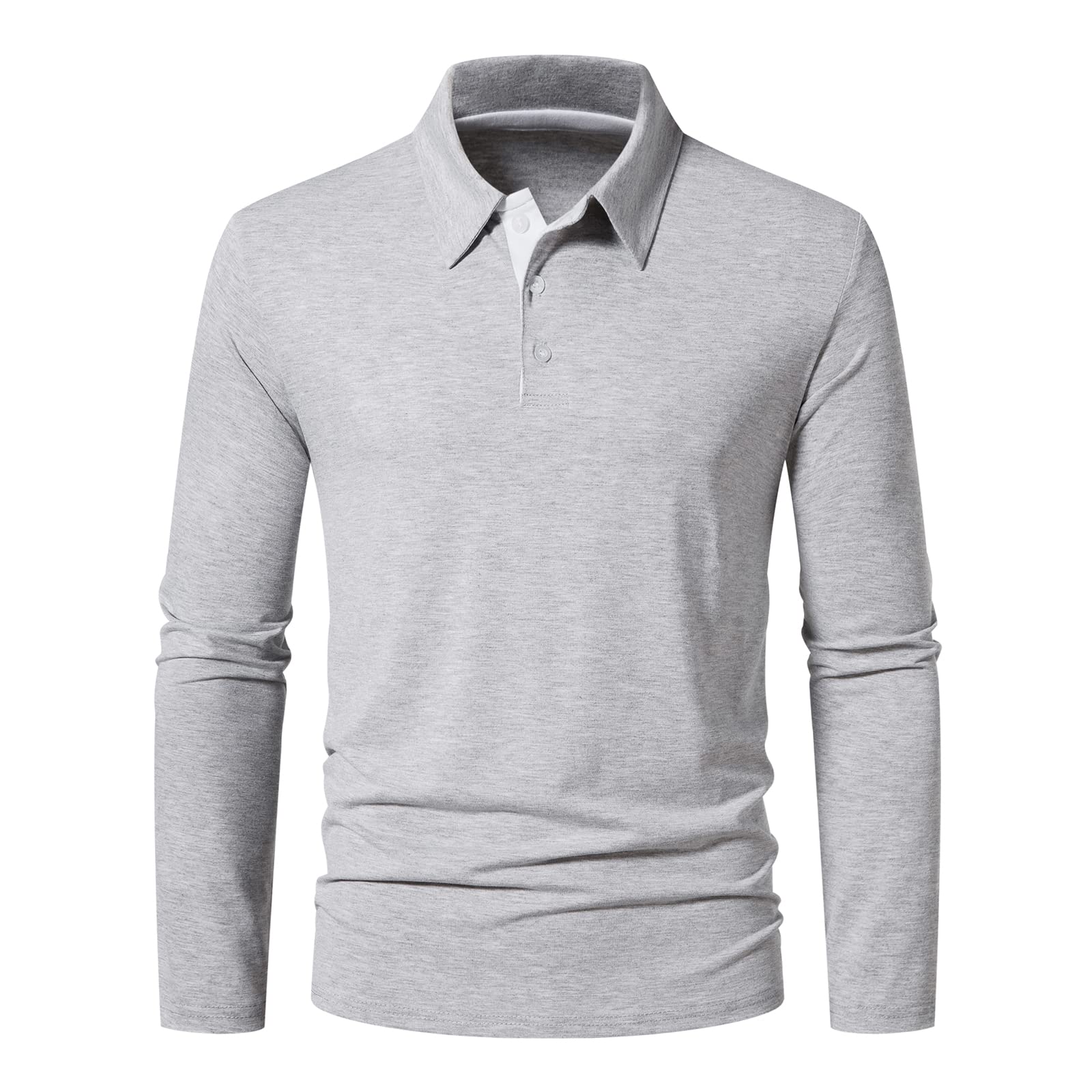 A WATERWANG Men's Long Sleeve Polo Shirts, Slim-fit Cotton Golf Polo Shirts Basic Designed Light Gray