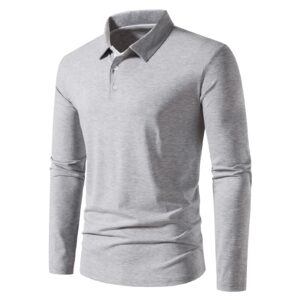 A WATERWANG Men's Long Sleeve Polo Shirts, Slim-fit Cotton Golf Polo Shirts Basic Designed Light Gray