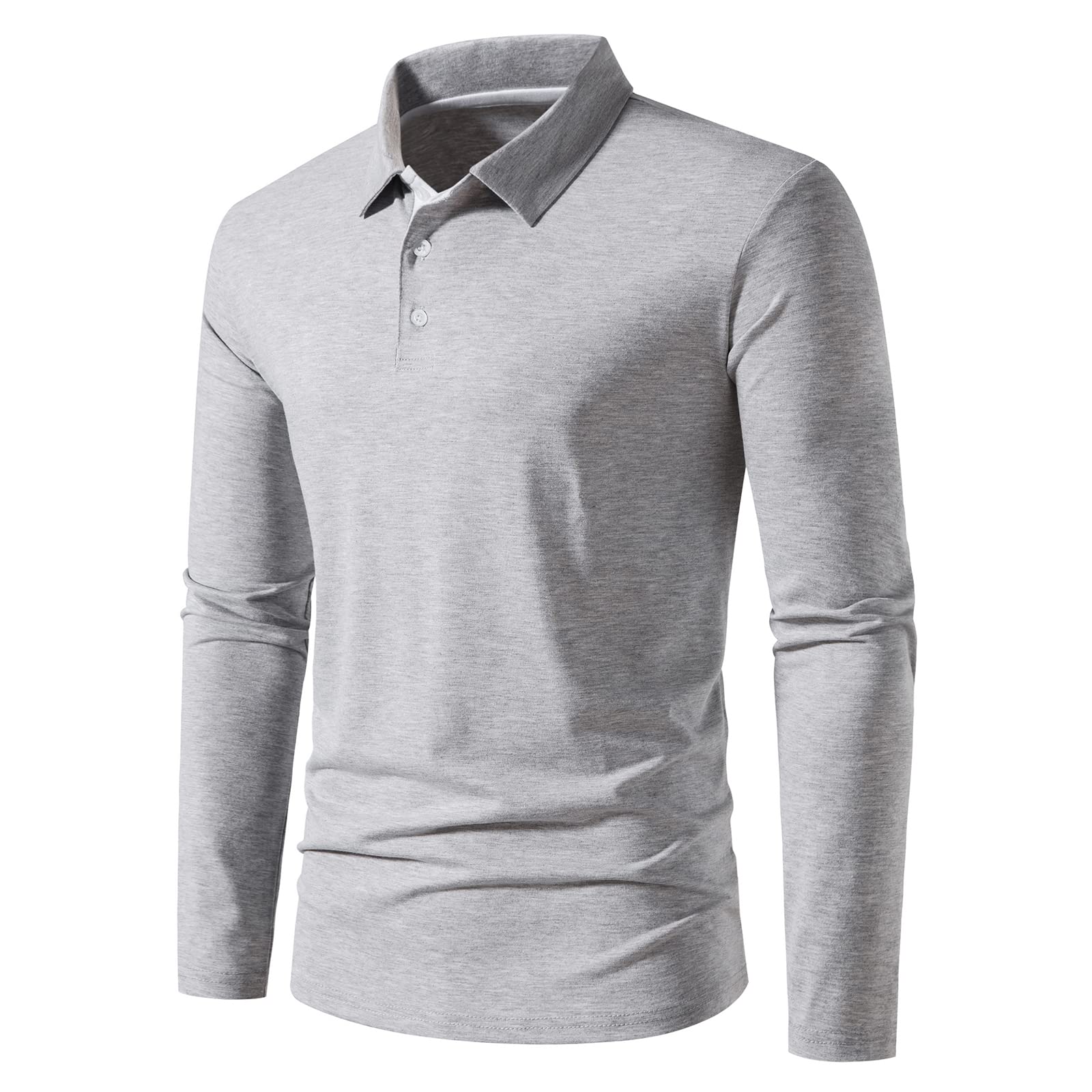 A WATERWANG Men's Long Sleeve Polo Shirts, Slim-fit Cotton Golf Polo Shirts Basic Designed Light Gray