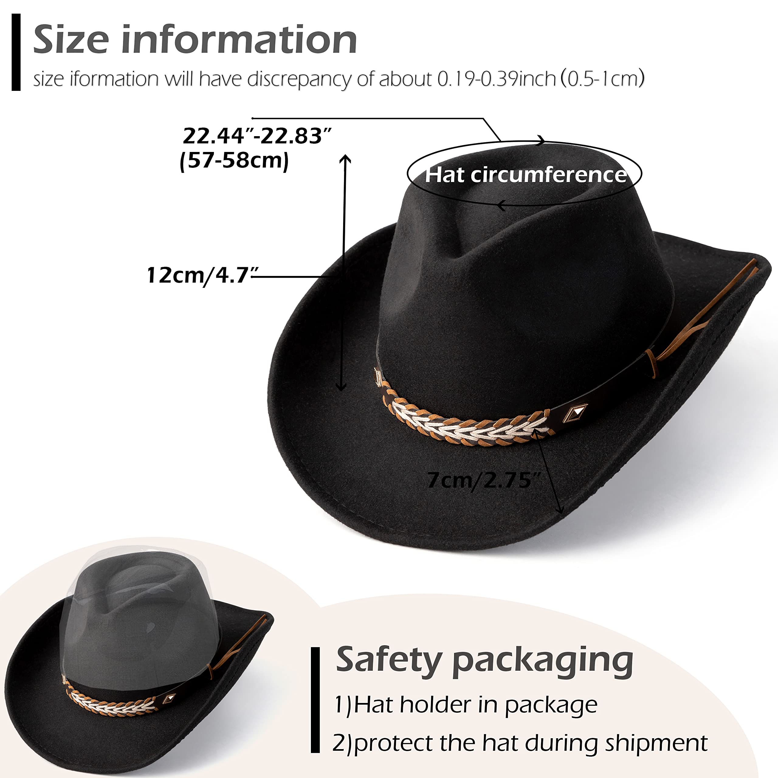 Gossifan Western Cowboy & Cowgirl Hat Felt Wide Brim Women Men Fedora Hats-A Belt Black