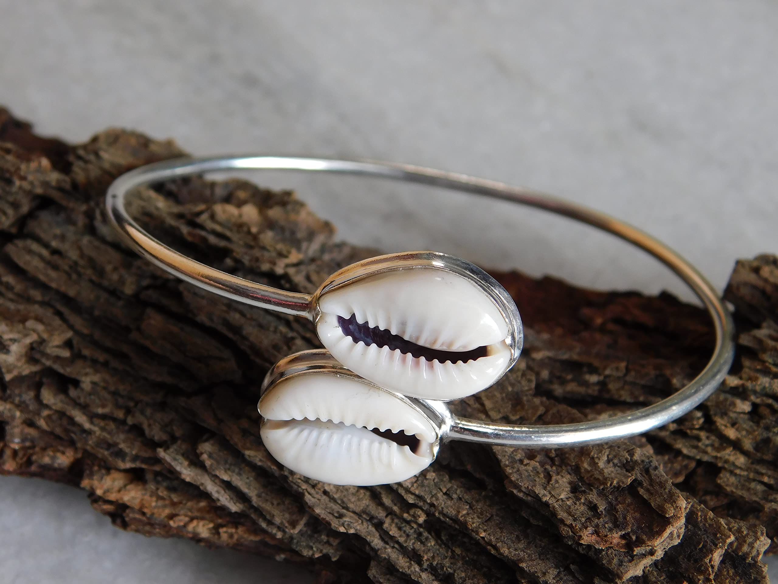 KAPISH INTERNATIONALS Handcrafted Sterling Silver Bangle with Money Cowrie Shell Accent - Adjustable Natural Shell Bracelet for Elegant Jewelry Statement - 2 To 2.5 Inch Adjustable