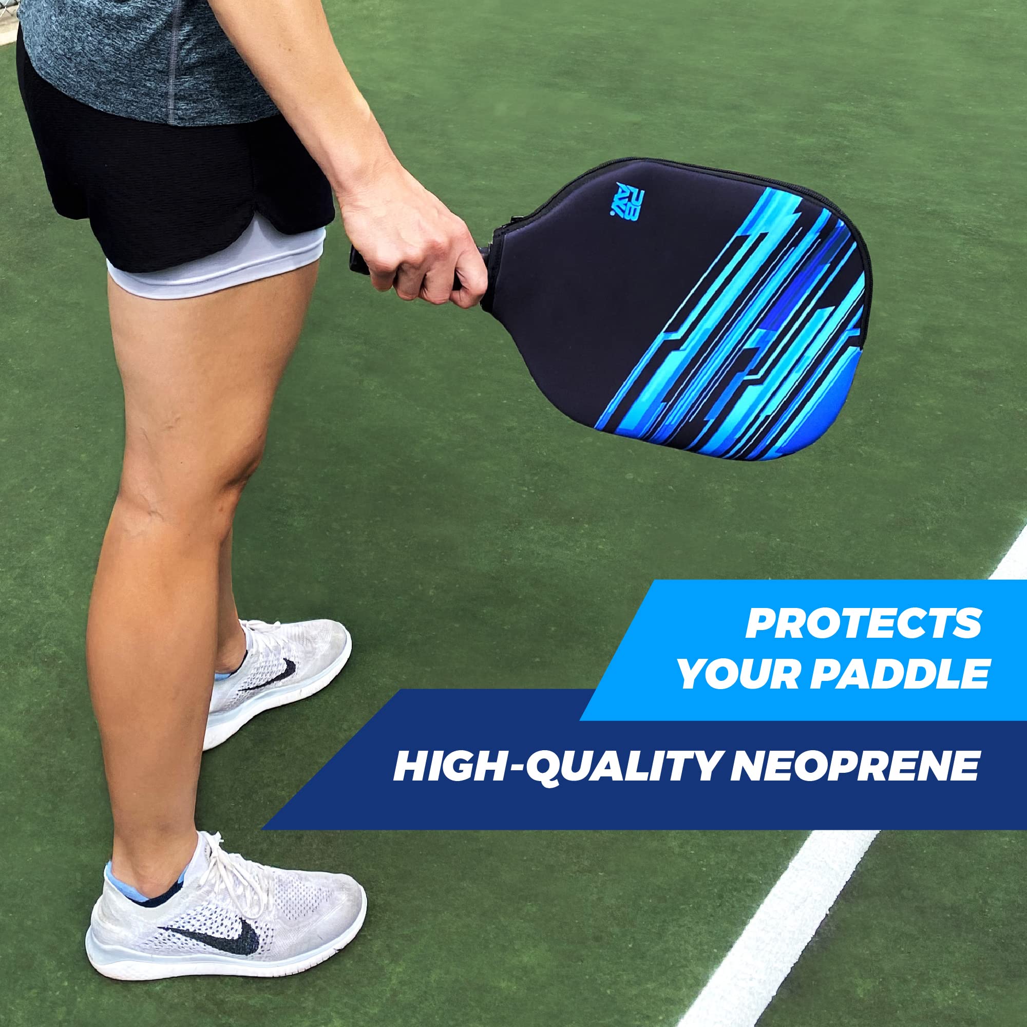 PBAW Neoprene Pickleball Paddle Cover - 2 Pockets - Fence Hook - Universal Size Case - Protective, Durable Sleeve - Protect Your Paddle from Scratches, Dings, Dents (Blue)