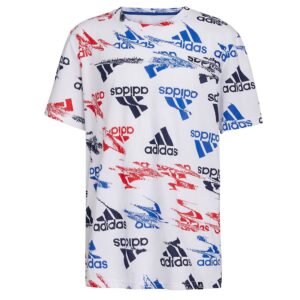 adidas Boys’ Glitchy Allover Print T-Shirt (Large, White/Multi)