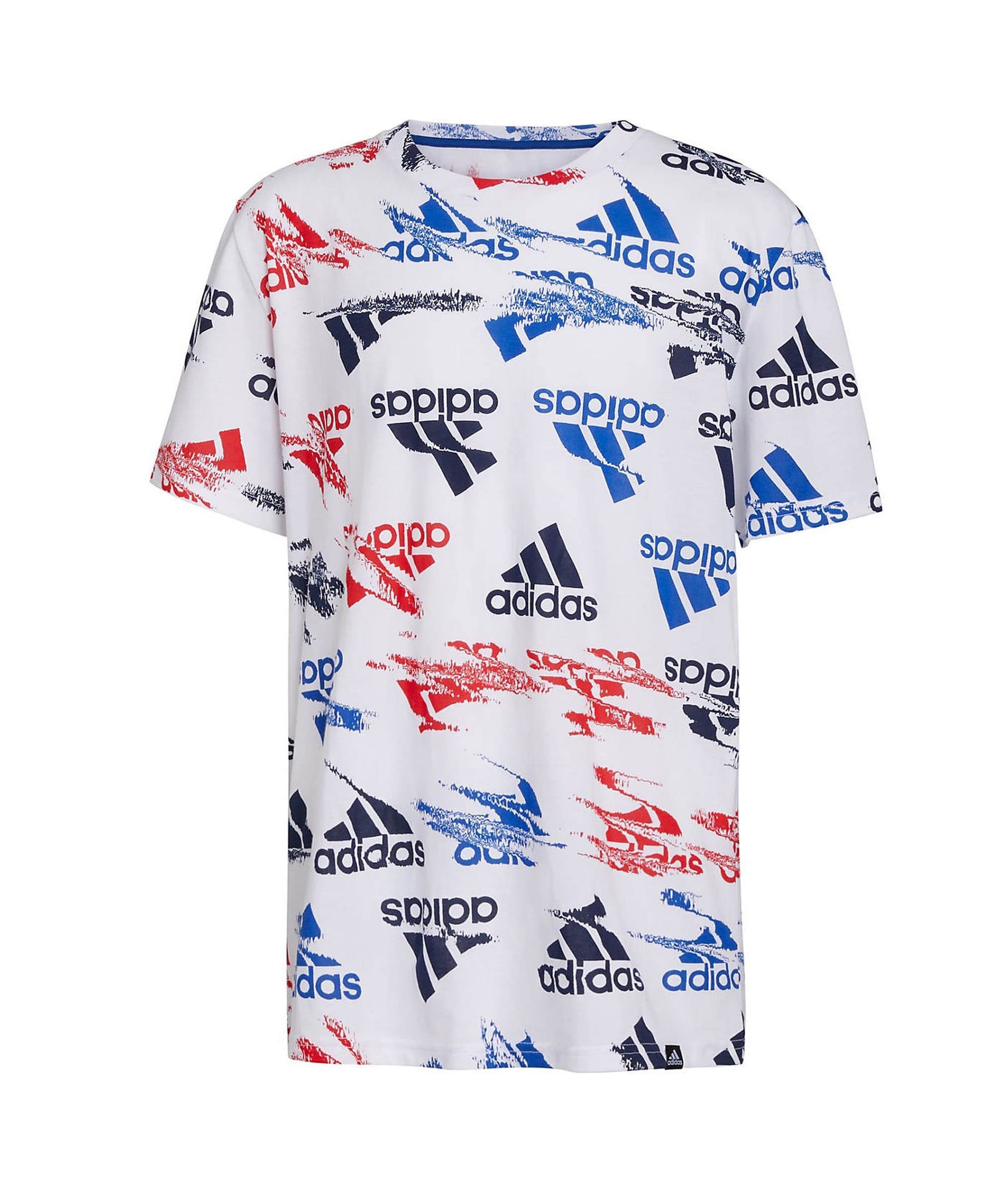 adidas Boys’ Glitchy Allover Print T-Shirt (Large, White/Multi)