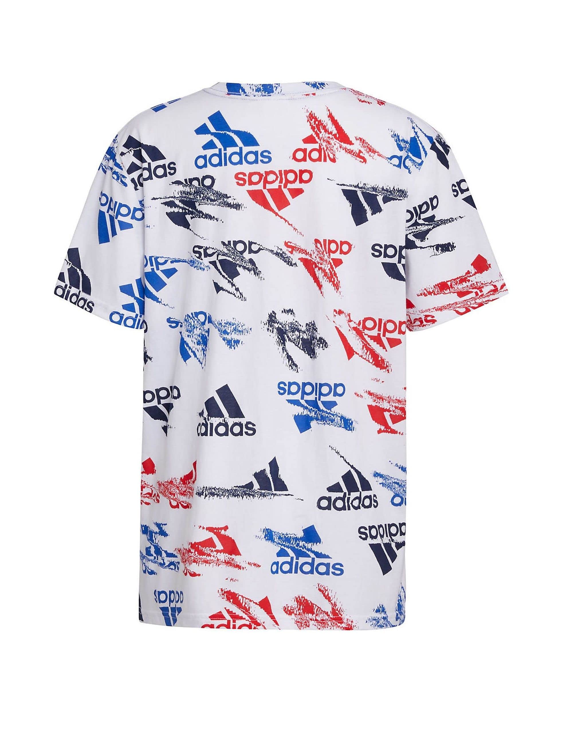 adidas Boys’ Glitchy Allover Print T-Shirt (Large, White/Multi)