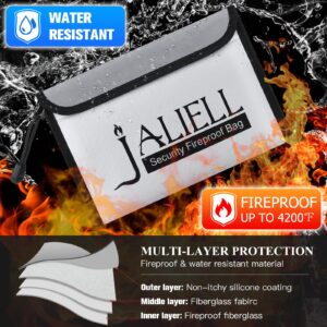 JALIELL Fireproof Document Box + Fireproof Money Bags, Professional Zipper and Night Reflective Strip, Non-Itchy Fire Proof/Waterproof Safe Box Bag