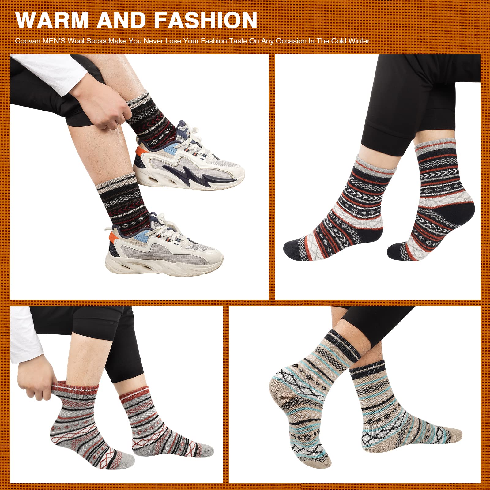 COOVAN Mens Wool Socks 5 Pairs Warm Thick Winter Wool Socks for Men Hiking Cozy Knit Thermal Crew Socks