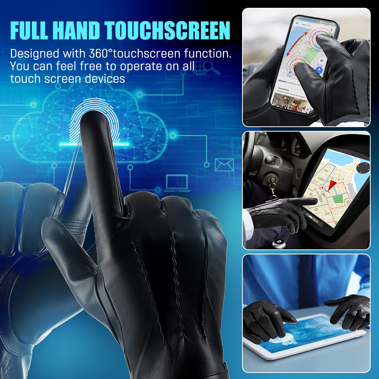 QUKOPSE Winter Leather Gloves for Men,Touchscreen Snow Driving Gloves with Cashmere Lining for Motorcycle Driving Riding