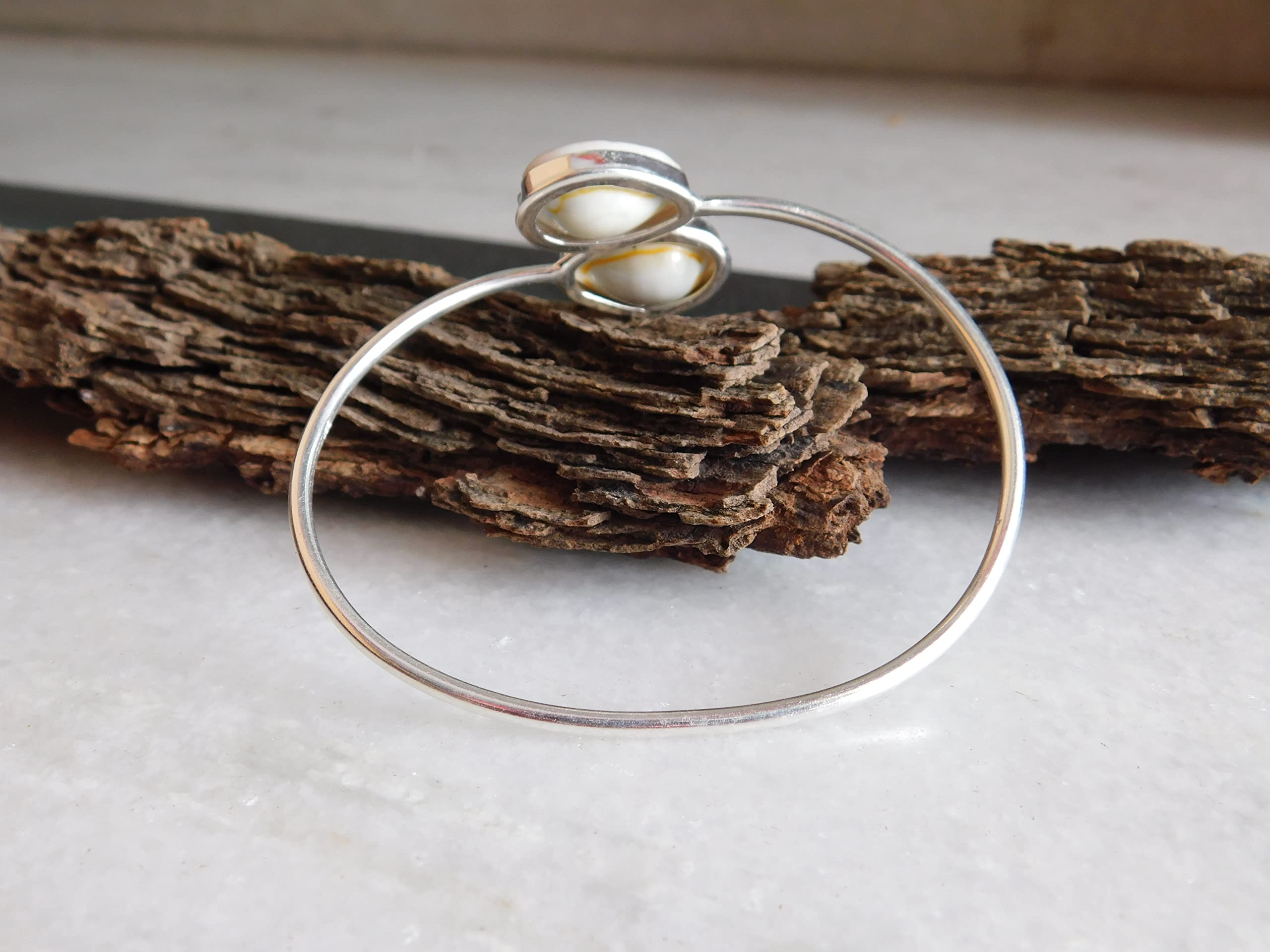 KAPISH INTERNATIONALS Handcrafted Sterling Silver Bangle with Money Cowrie Shell Accent - Adjustable Natural Shell Bracelet for Elegant Jewelry Statement - 2 To 2.5 Inch Adjustable