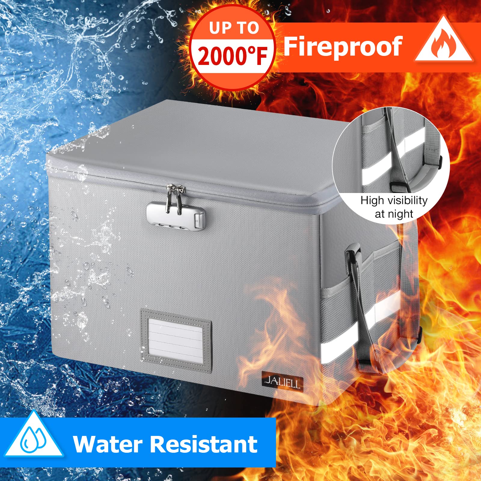 JALIELL Fireproof Document Box + Fireproof Money Bags, Professional Zipper and Night Reflective Strip, Non-Itchy Fire Proof/Waterproof Safe Box Bag