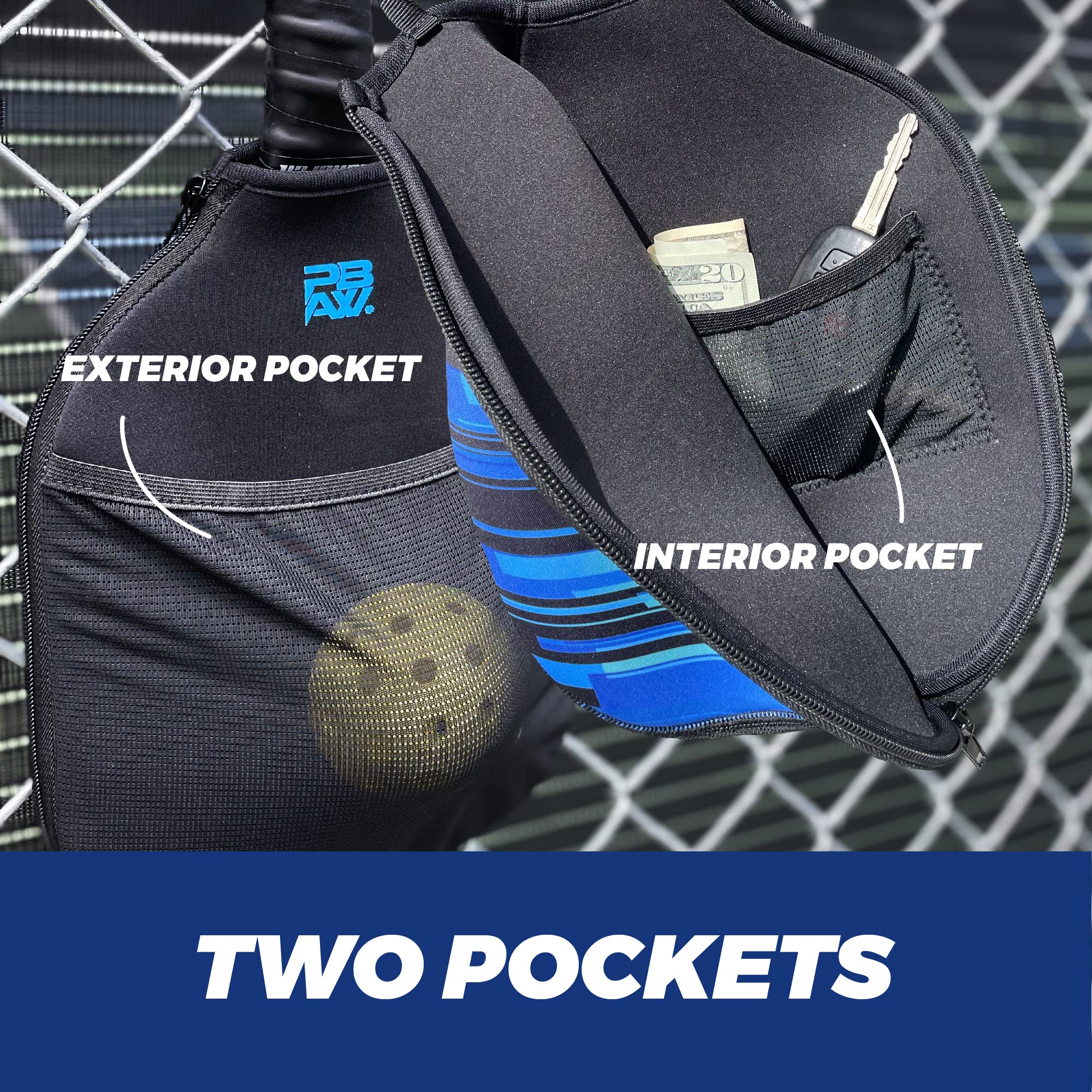 PBAW Neoprene Pickleball Paddle Cover - 2 Pockets - Fence Hook - Universal Size Case - Protective, Durable Sleeve - Protect Your Paddle from Scratches, Dings, Dents (Blue)