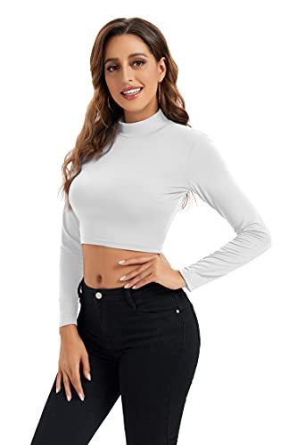 HoneyEcho Cropped Long Sleeve Tops for Women Turtleneck Long Sleeve Undershirts for Women Half Tees for Workout White X-Large