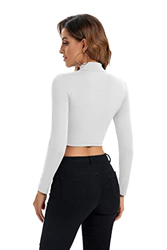 HoneyEcho Cropped Long Sleeve Tops for Women Turtleneck Long Sleeve Undershirts for Women Half Tees for Workout White X-Large