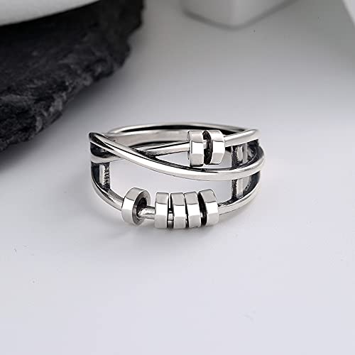 YSSN Handmade 925 Silver Ring Adjustable Size Sterling Silver Anti Anxiety Rings For Women Men Fidget Spinner Band Unisex Adjustable Stacking Spinning Worry Ring