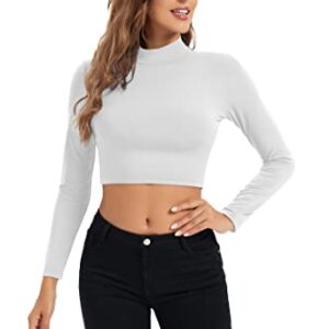 HoneyEcho Cropped Long Sleeve Tops for Women Turtleneck Long Sleeve Undershirts for Women Half Tees for Workout White X-Large